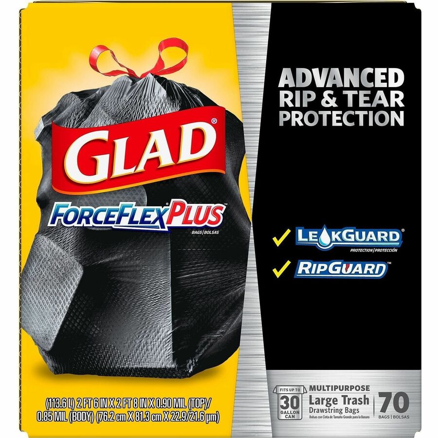 ForceFlexPlus Drawstring Large Trash Bags, 30 gal, 1.05 mil, 30" x 32", Black, 70/Box