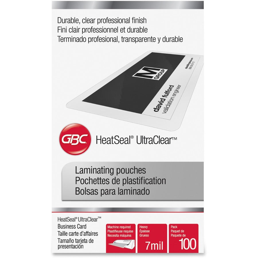 GBC HeatSeal UltraClear Laminating Pouches - Laminating Pouch/Sheet Size: 2.18" Width x 3.68" Length x 7 mil Thickness - for Business Card - Clear - 100 / Box - 4
