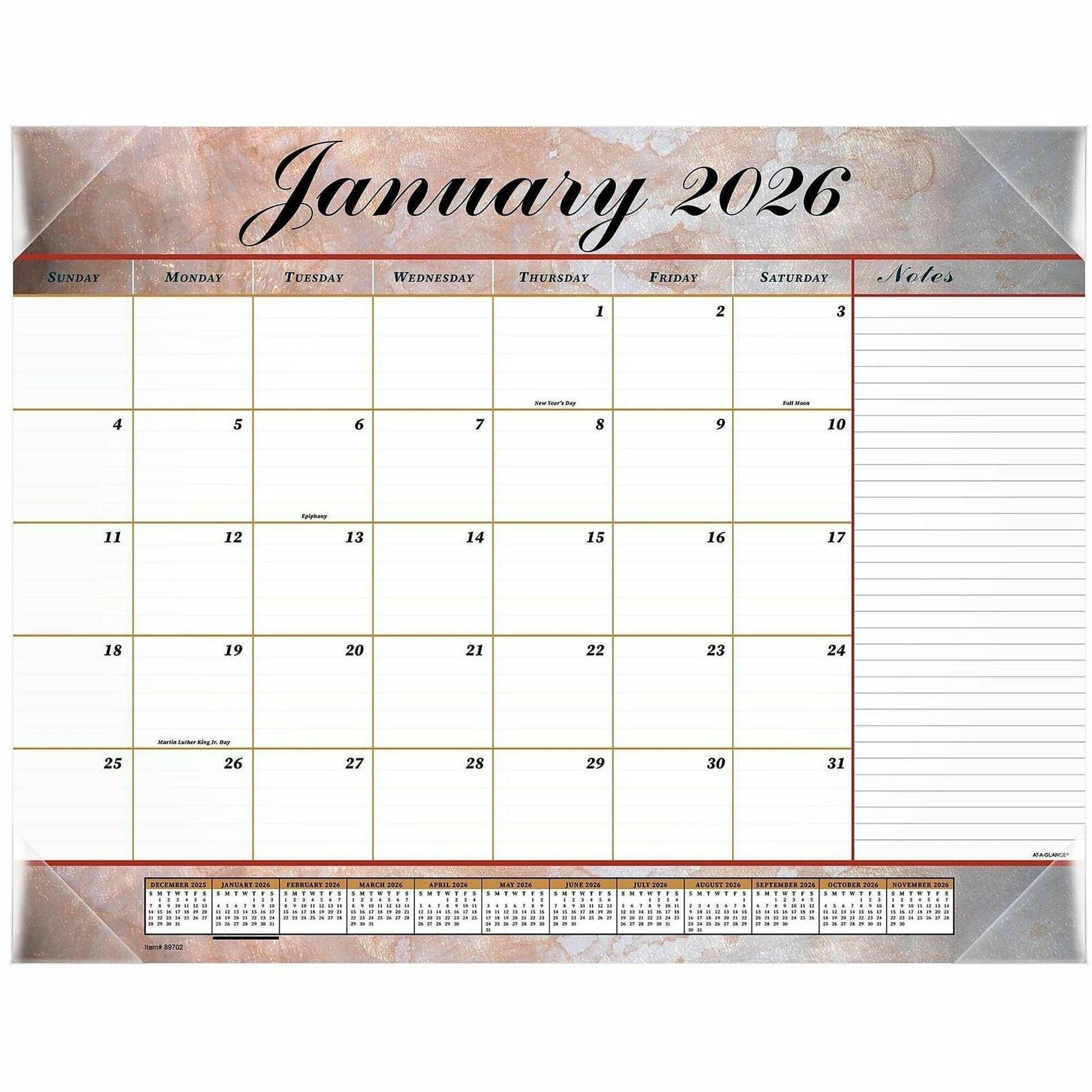 Marbled Desk Pad, Marbled Artwork, 22 x 17, White/Multicolor Sheets, Clear Corners, 12-Month (Jan to Dec): 2024