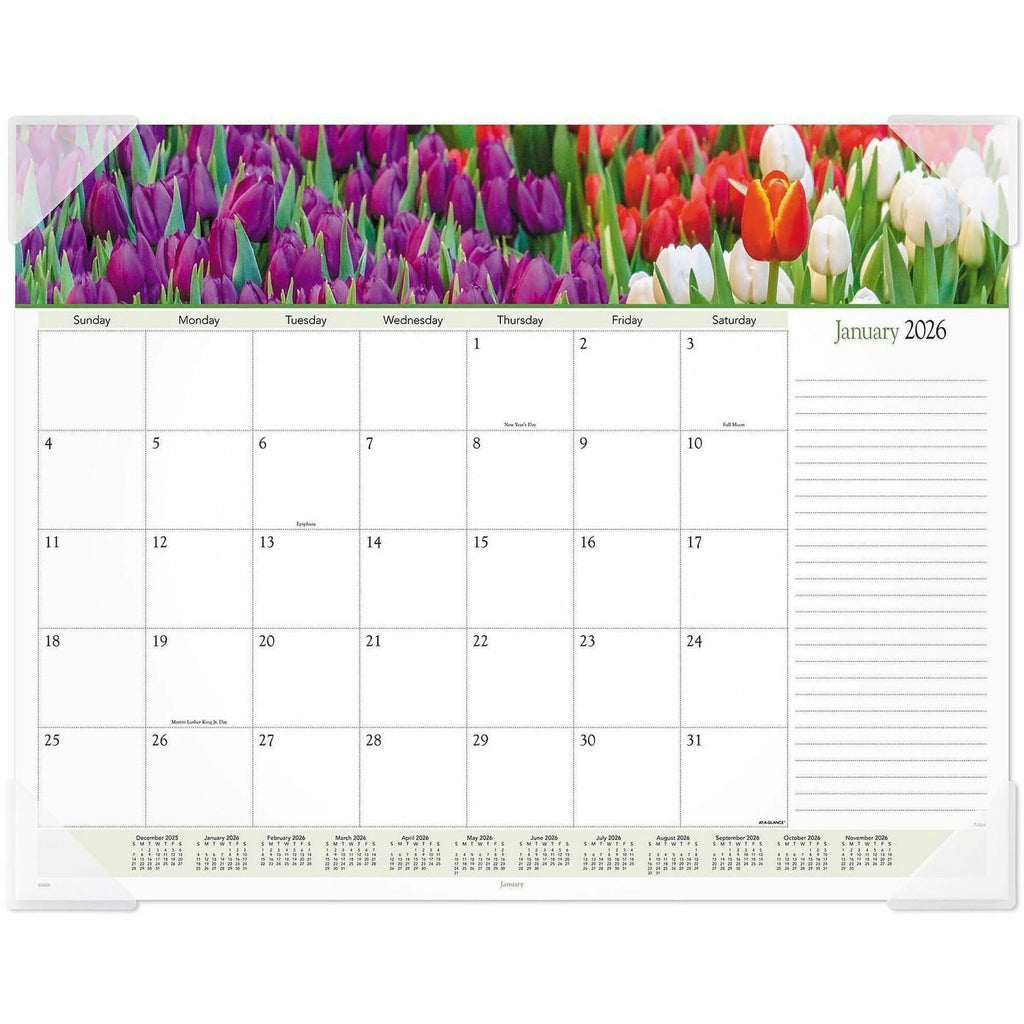 At-A-Glance Panoramic Floral Desk Pad - Standard Size - Monthly - 12 Month - January 2024 - December 2024 - 1 Month Single Page Layout - 21 3/4" x 17" White Sheet - 2.13" x 2.25" Block - Desk Pad - Poly, Paper - Bleed Resistant Paper, Unruled Daily B
