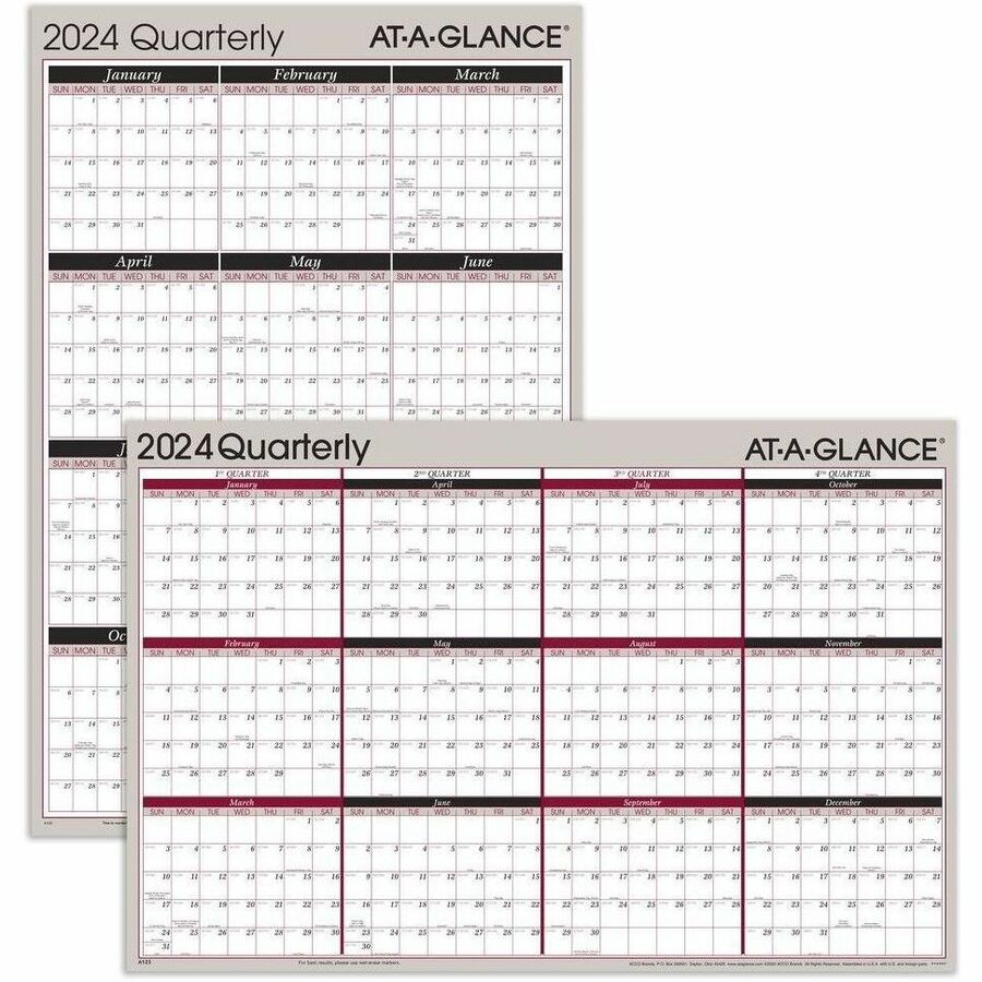 At-A-Glance Vertical Horizontal Reversible Erasable Quarterly Wall Calendar - Large Size - Julian Dates - Yearly, Quarterly - 12 Month - January 2024 - December 2024 - 24" x 36" White Sheet - 1" x 1.31" , 1.25" x 1.19" Block - Gray - Laminate - Erasa