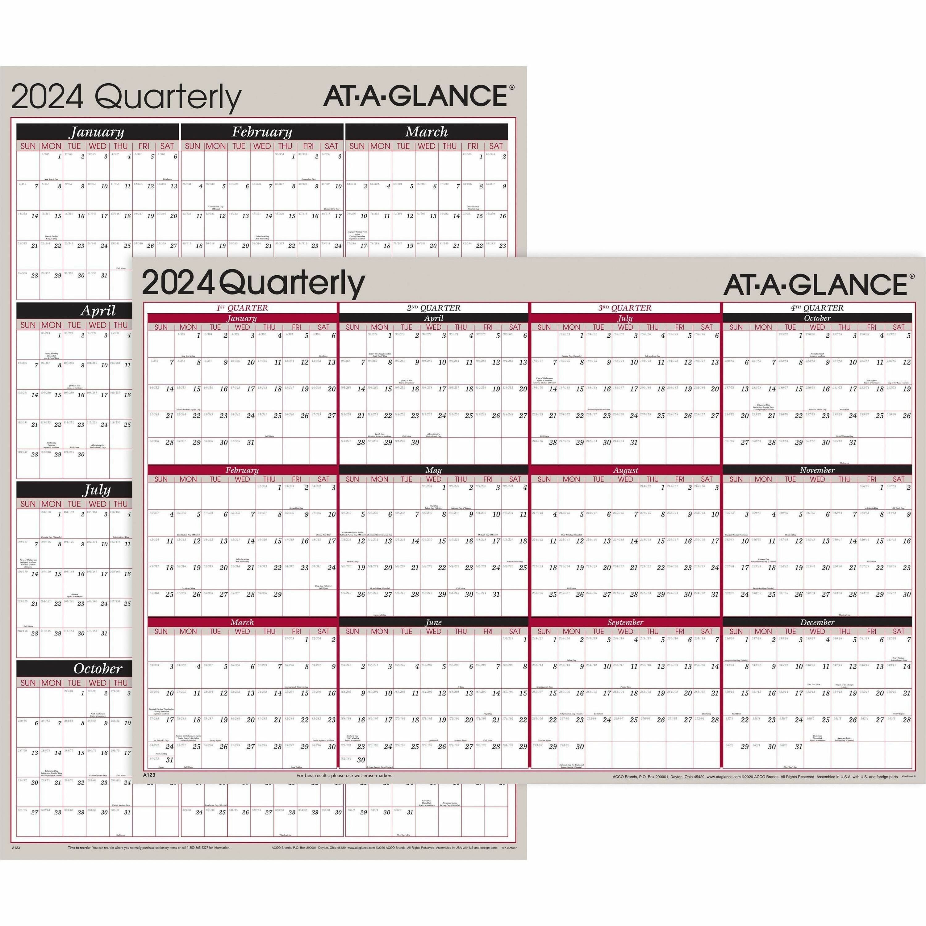 At-A-Glance Vertical Horizontal Reversible Erasable Quarterly Wall Calendar - Large Size - Julian Dates - Yearly, Quarterly - 12 Month - January 2024 - December 2024 - 24" x 36" White Sheet - 1" x 1.31" , 1.25" x 1.19" Block - Gray - Laminate - Erasa - 