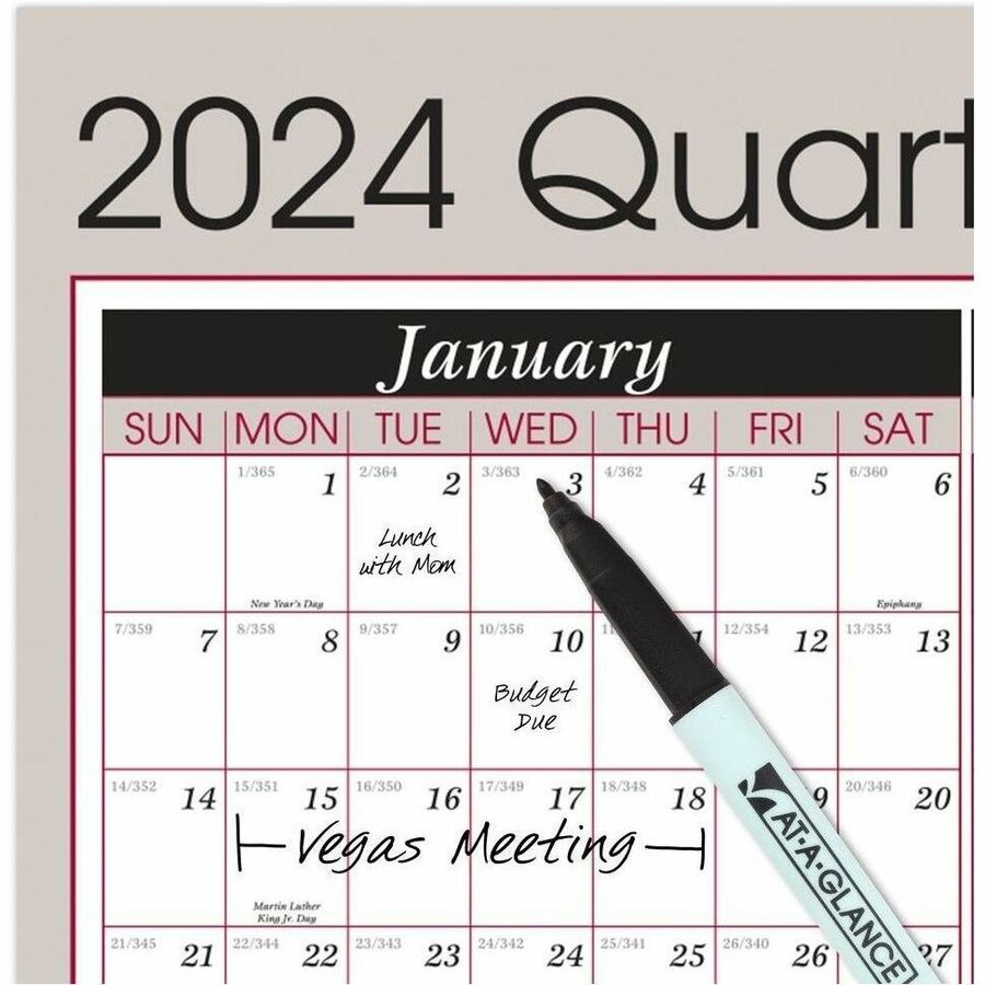 At-A-Glance Vertical Horizontal Reversible Erasable Quarterly Wall Calendar - Large Size - Julian Dates - Yearly, Quarterly - 12 Month - January 2024 - December 2024 - 24" x 36" White Sheet - 1" x 1.31" , 1.25" x 1.19" Block - Gray - Laminate - Erasa - 