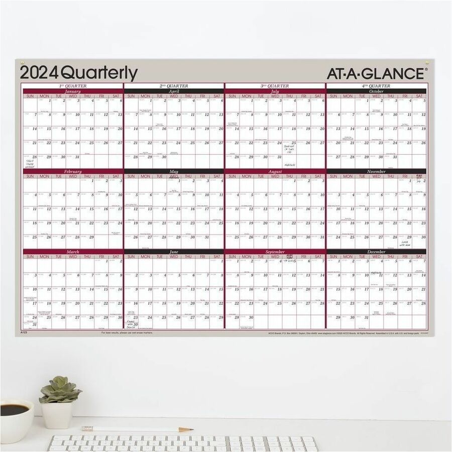 At-A-Glance Vertical Horizontal Reversible Erasable Quarterly Wall Calendar - Large Size - Julian Dates - Yearly, Quarterly - 12 Month - January 2024 - December 2024 - 24" x 36" White Sheet - 1" x 1.31" , 1.25" x 1.19" Block - Gray - Laminate - Erasa - 