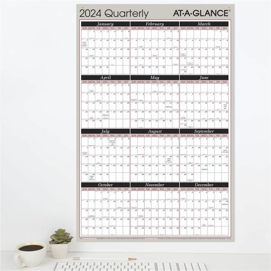 At-A-Glance Vertical Horizontal Reversible Erasable Quarterly Wall Calendar - Large Size - Julian Dates - Yearly, Quarterly - 12 Month - January 2024 - December 2024 - 24" x 36" White Sheet - 1" x 1.31" , 1.25" x 1.19" Block - Gray - Laminate - Erasa - 