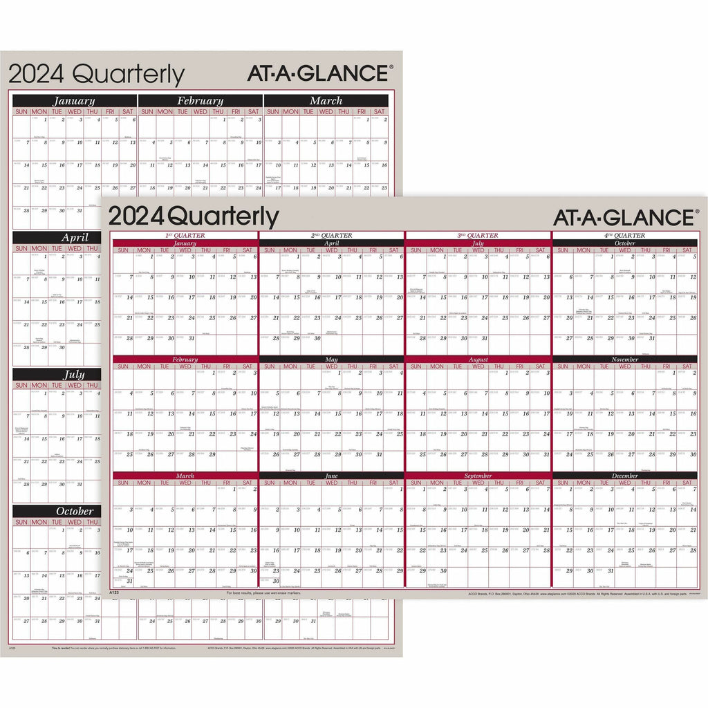 At-A-Glance Vertical Horizontal Reversible Erasable Quarterly Wall Calendar - Large Size - Julian Dates - Yearly, Quarterly - 12 Month - January 2024 - December 2024 - 24" x 36" White Sheet - 1" x 1.31" , 1.25" x 1.19" Block - Gray - Laminate - Erasa
