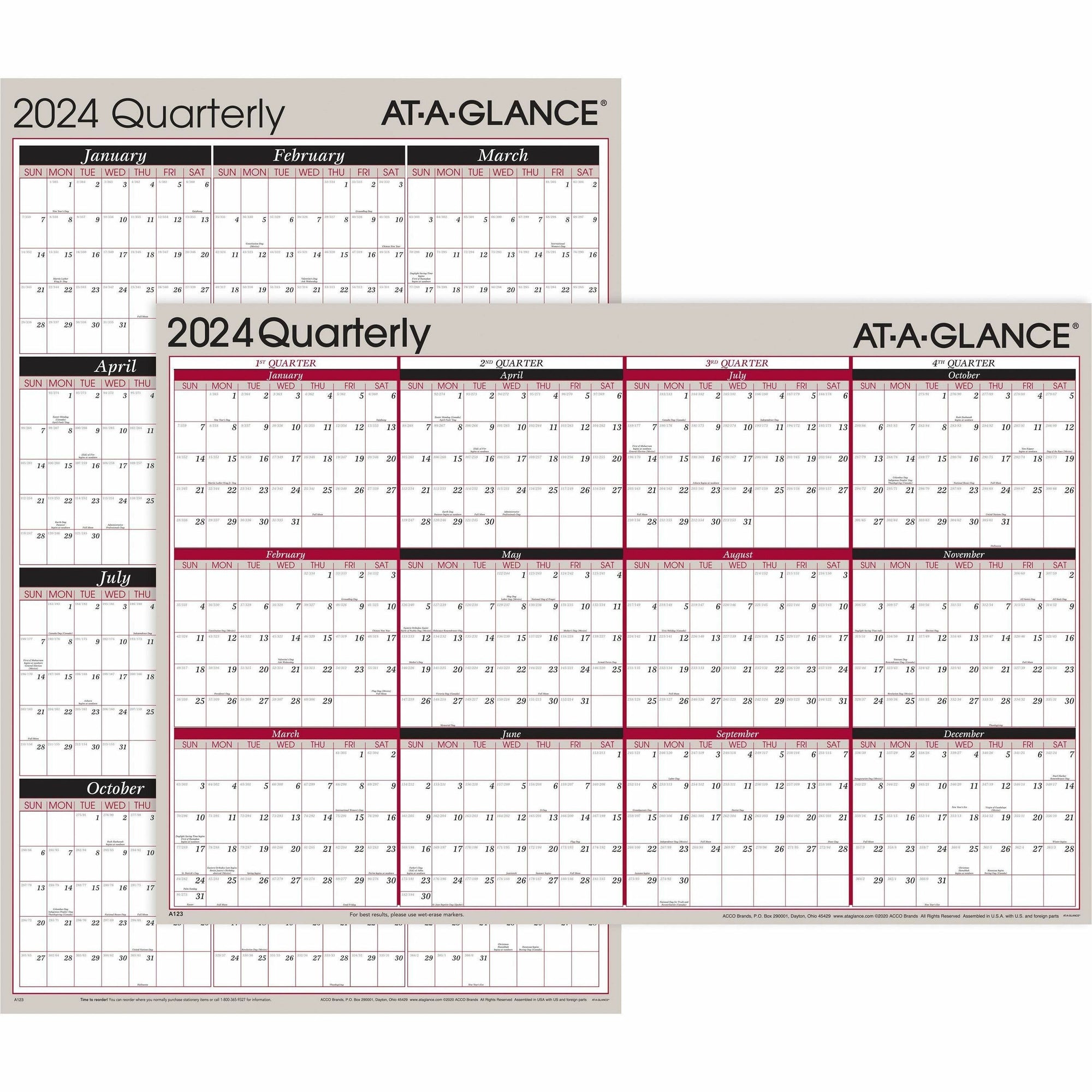 At-A-Glance Vertical Horizontal Reversible Erasable Quarterly Wall Calendar - Large Size - Julian Dates - Yearly, Quarterly - 12 Month - January 2024 - December 2024 - 24" x 36" White Sheet - 1" x 1.31" , 1.25" x 1.19" Block - Gray - Laminate - Erasa