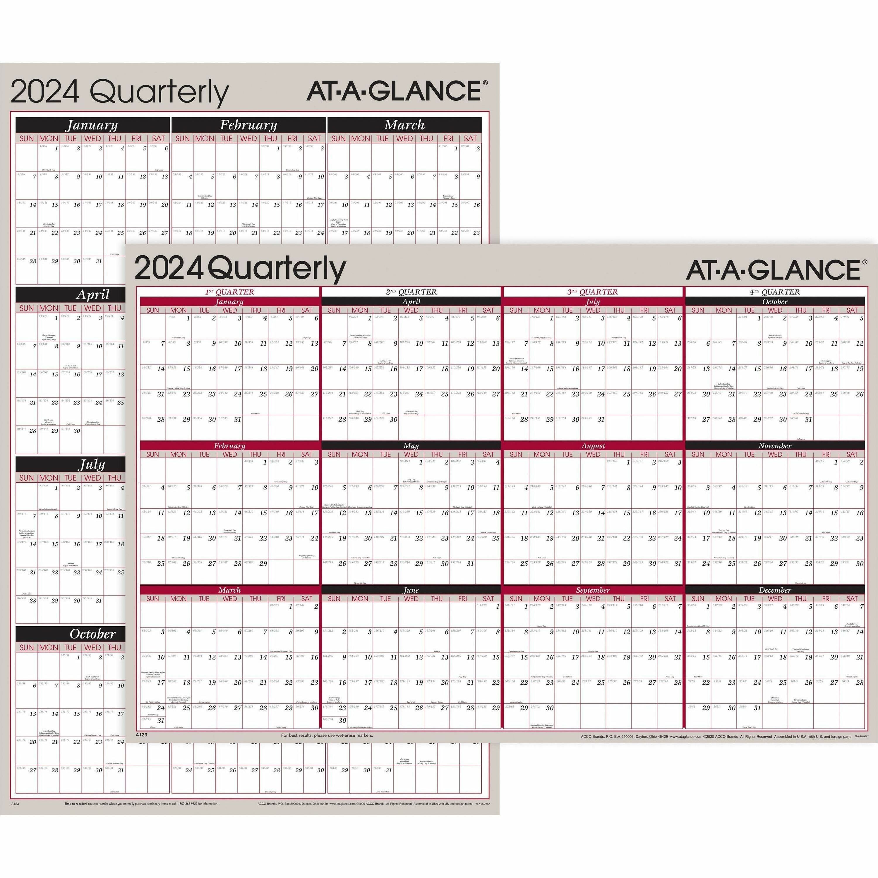 At-A-Glance Vertical Horizontal Reversible Erasable Quarterly Wall Calendar - Large Size - Julian Dates - Yearly, Quarterly - 12 Month - January 2024 - December 2024 - 24" x 36" White Sheet - 1" x 1.31" , 1.25" x 1.19" Block - Gray - Laminate - Erasa