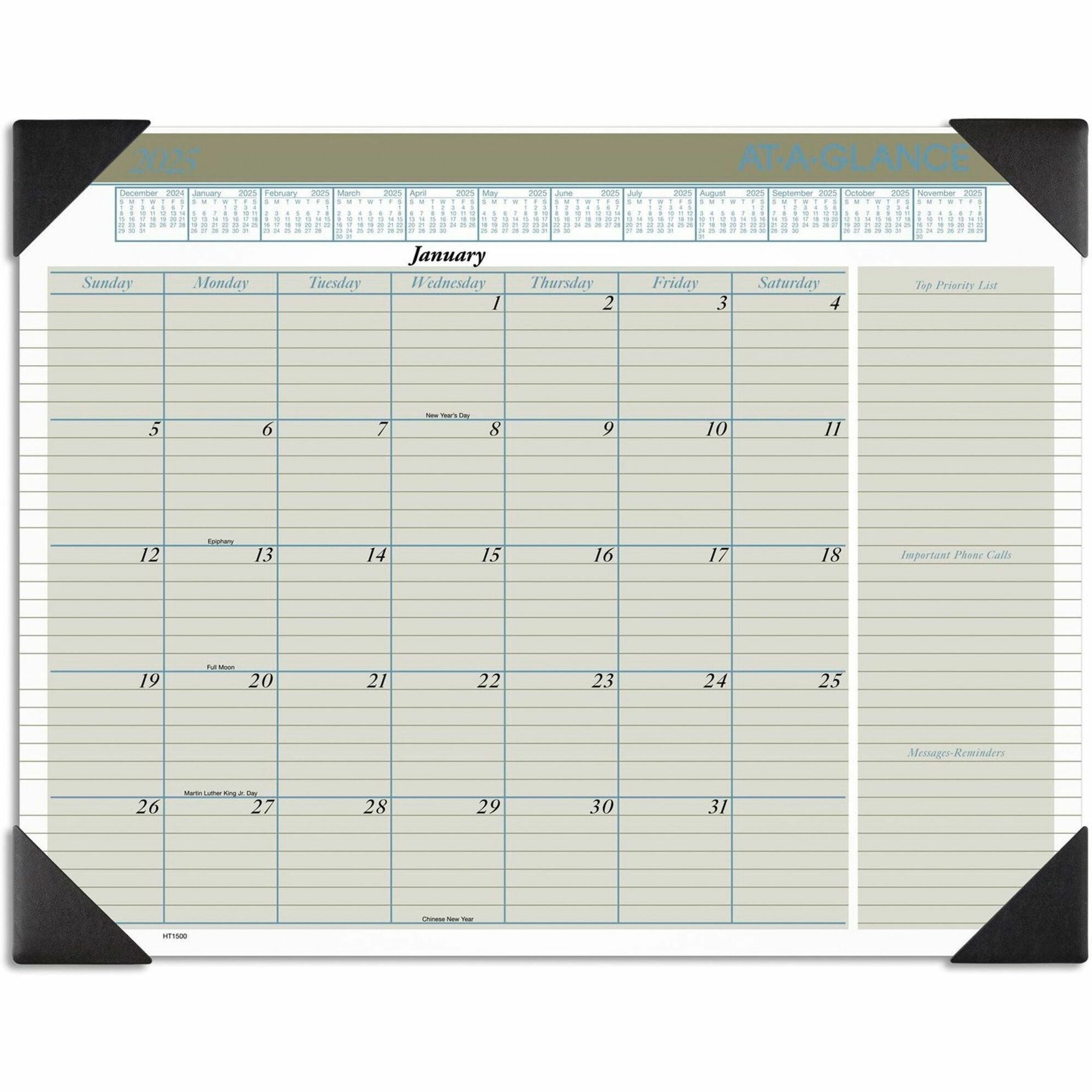 Executive Monthly Desk Pad Calendar, 22 x 17, White Sheets, Black Corners, 12-Month (Jan to Dec): 2024