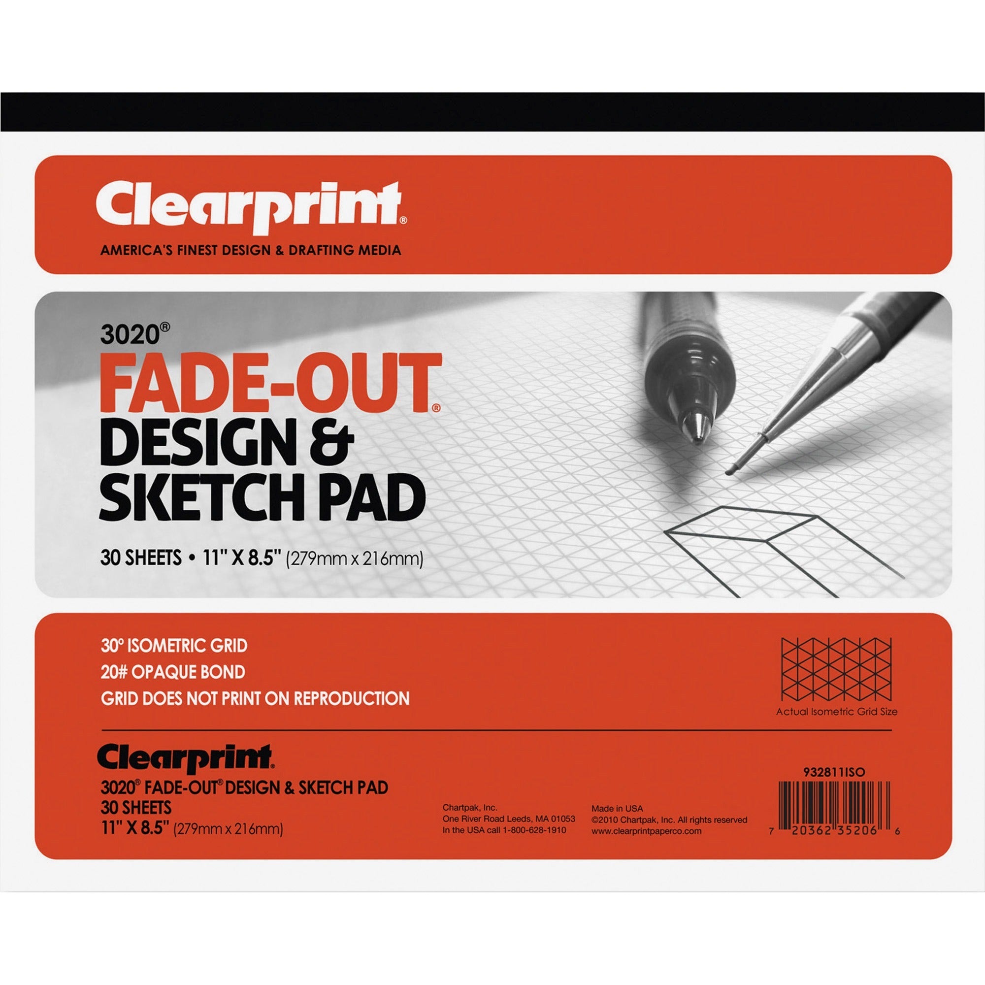 Clearprint Isometric Grid Paper Pad - Letter - 30 Sheets - 20 lb Basis Weight - Letter - 8 1/2" x 11" - White Paper - 1 / Pad - 