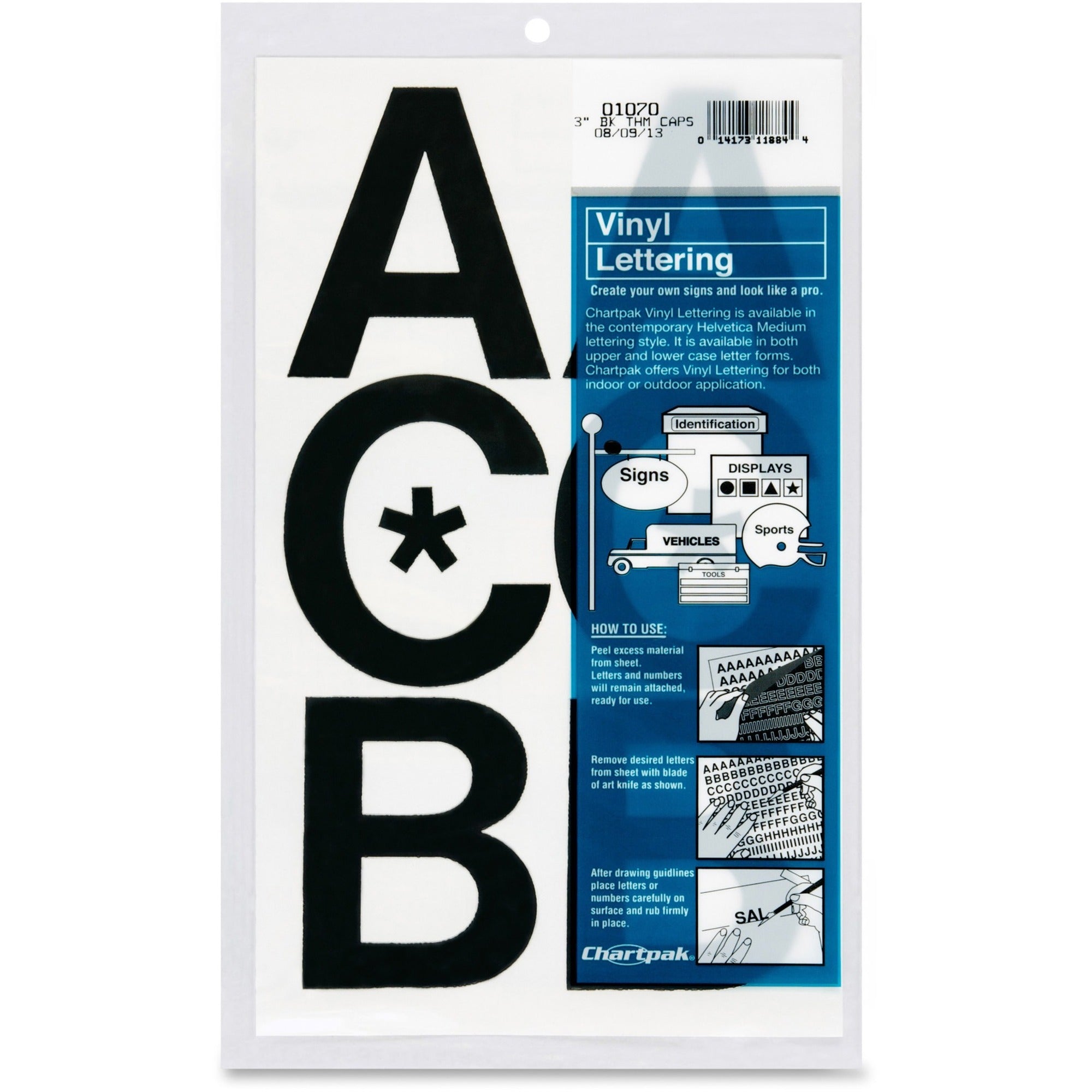 Press-On Vinyl Uppercase Letters, Self Adhesive, Black, 3"h, 50/Pack
