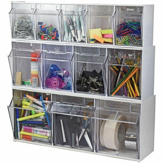 Deflecto Tilt Bin Interlocking Multi-Bin Storage Organizer - 3 Compartment(s) - 9.5" Height x 23.6" Width x 7.8" DepthDesktop - White - 1 Each