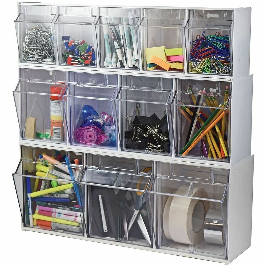 Deflecto Tilt Bin Interlocking Multi-Bin Storage Organizer - 3 Compartment(s) - 9.5" Height x 23.6" Width x 7.8" DepthDesktop - White - 1 Each