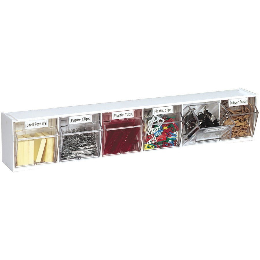 Deflecto Tilt Bin Interlocking Multi-Bin Storage Organizer - 6 Compartment(s) - 4.5" Height x 23.6" Width x 3.6" DepthDesktop - Interlockable, Lockable - White - 1 Each