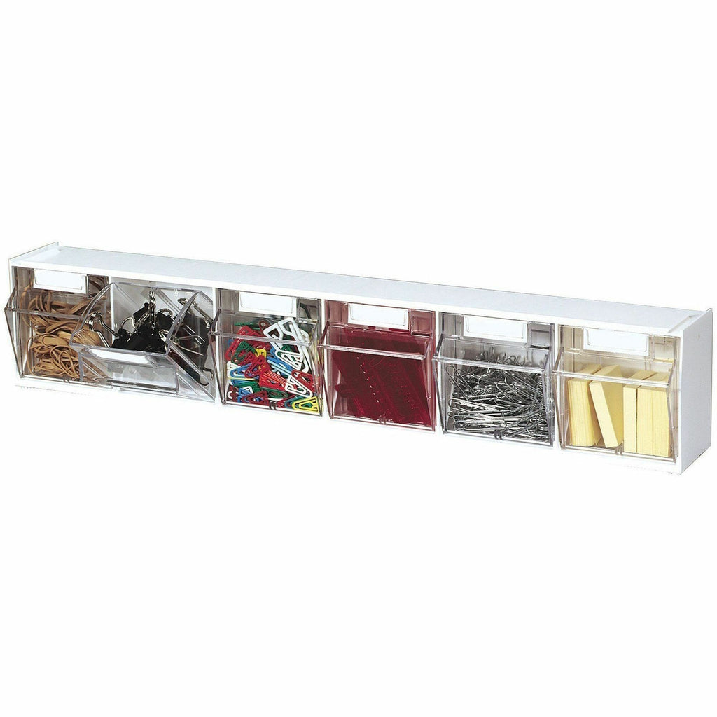 Deflecto Tilt Bin Interlocking Multi-Bin Storage Organizer - 6 Compartment(s) - 4.5" Height x 23.6" Width x 3.6" DepthDesktop - Interlockable, Lockable - White - 1 Each