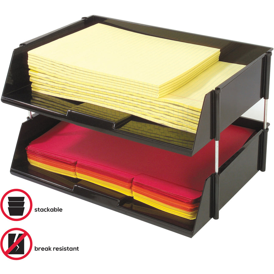 Industrial Tray Side-Load Stacking Tray Set, 2 Sections, Letter to Legal Size Files, 16.38" x 11.13" x 3.5", Black, 2/Pack