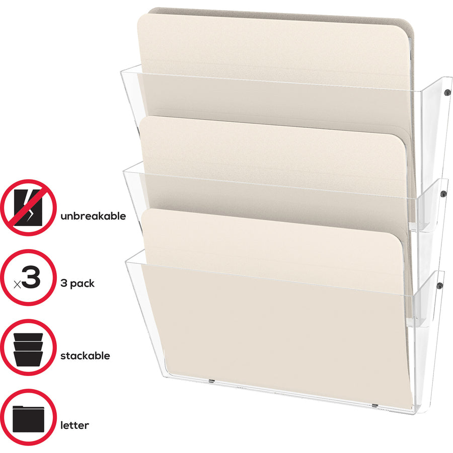 Unbreakable DocuPocket Wall File, 3 Sections, Letter Size, 14.5" x 3" x 6.5", Clear, 3/Pack