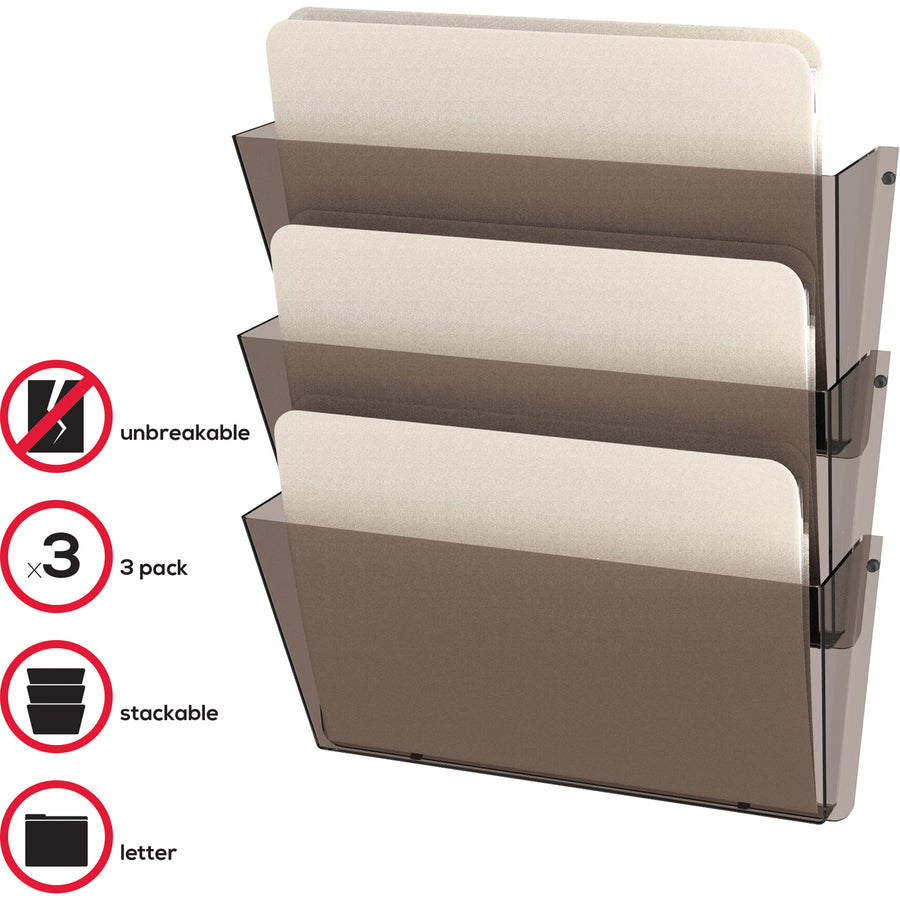 Unbreakable DocuPocket Wall File, 3 Sections, Letter Size, 14.5" x 3" x 6.5", Smoke, 3/Pack