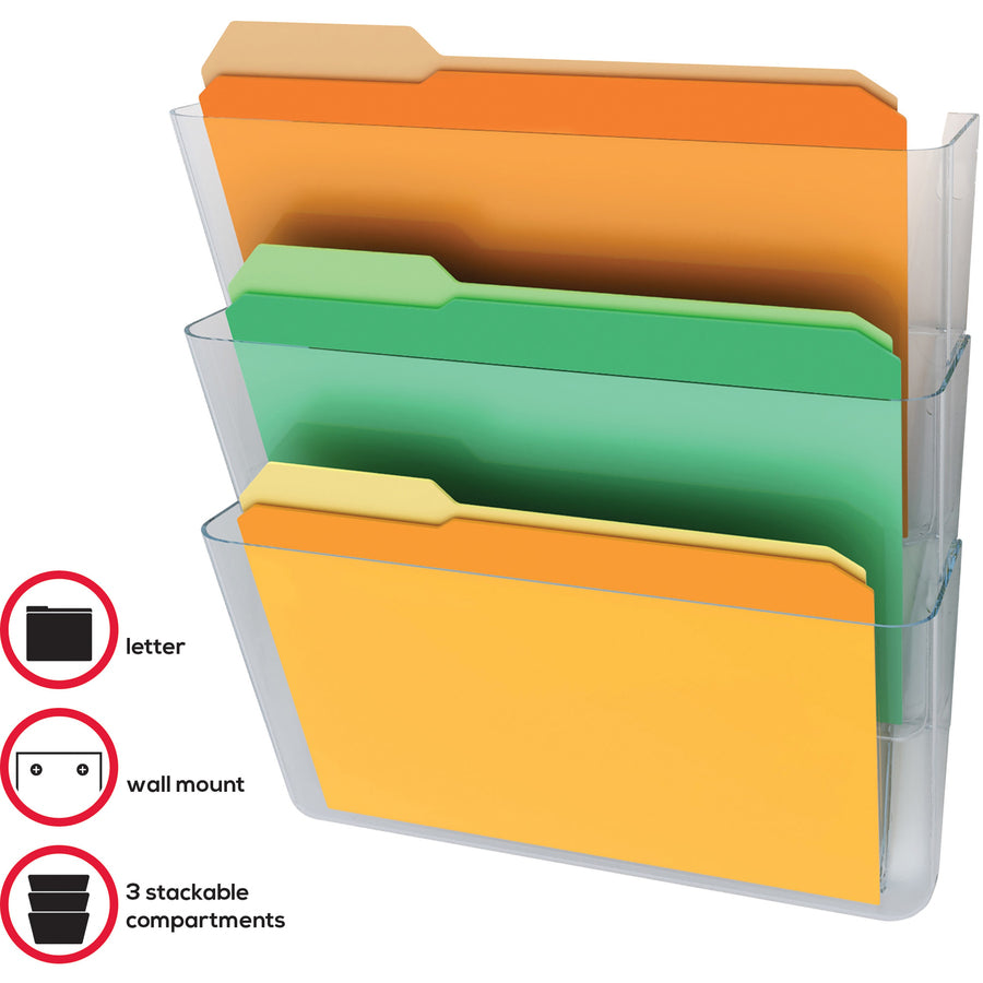 Deflecto Stackable DocuPocket for Partition Walls - 3 Pocket(s) - 3 Compartment(s) - 7" Height x 13" Width x 4" Depth - Stackable - Clear - 3 / Set - 