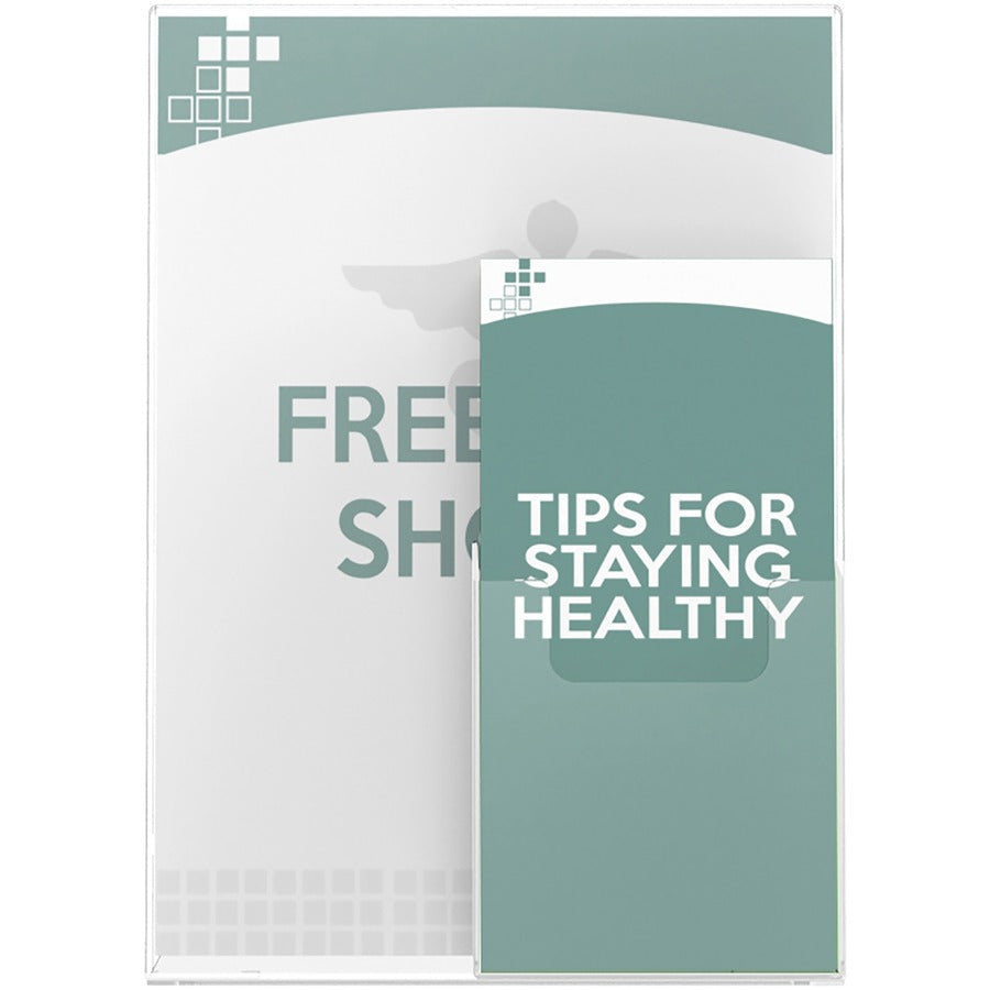 Superior Image Slanted Sign Holder with Front Pocket, 9w x 4.5d x 10.75h, Clear