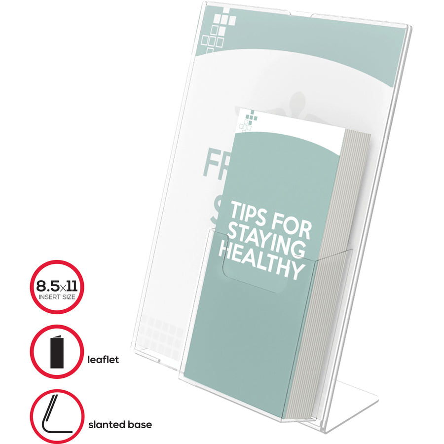 Superior Image Slanted Sign Holder with Front Pocket, 9w x 4.5d x 10.75h, Clear