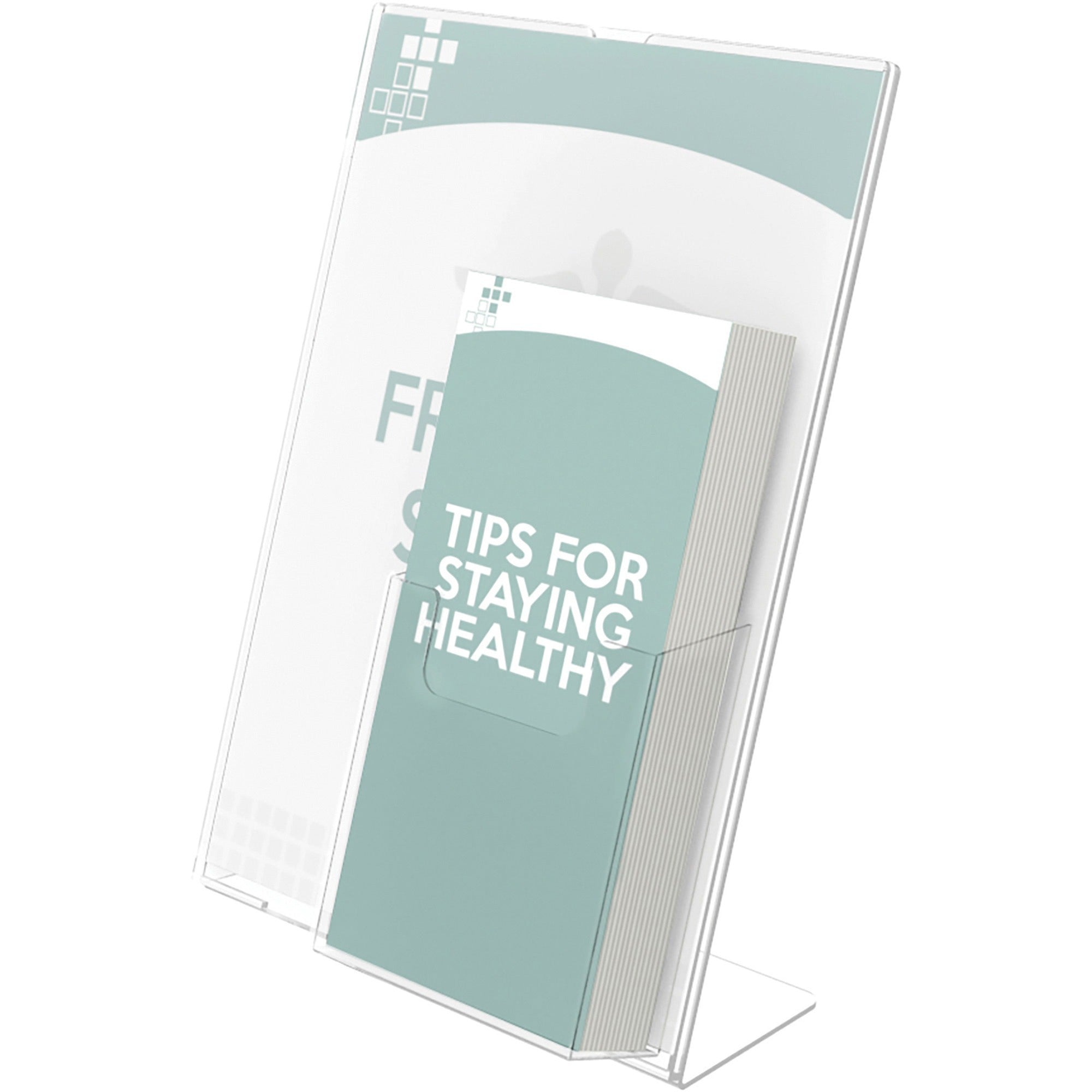 Superior Image Slanted Sign Holder with Front Pocket, 9w x 4.5d x 10.75h, Clear