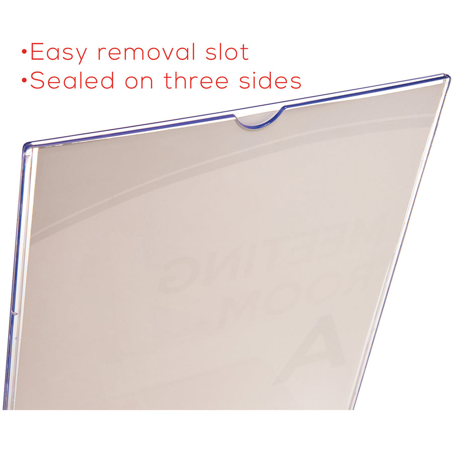 Superior Image Slanted Sign Holder with Front Pocket, 9w x 4.5d x 10.75h, Clear