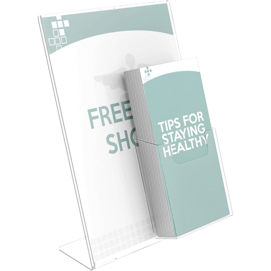 Superior Image Slanted Sign Holder with Front Pocket, 9w x 4.5d x 10.75h, Clear