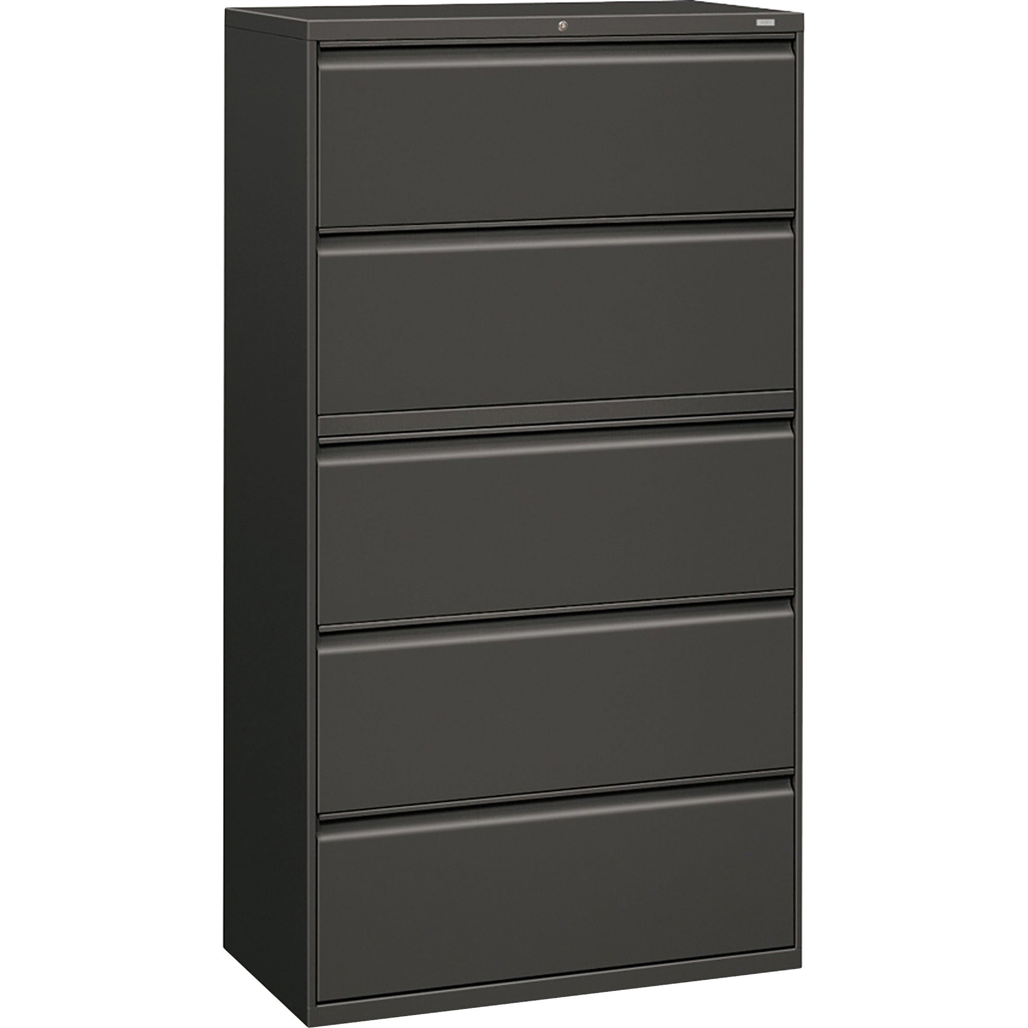 HON Brigade 800 Series 5-Drawer Lateral - 36" x 18" x 64.3" - 2 x Shelf(ves) - 5 x Drawer(s) for File - A4, Legal, Letter - Lateral - Interlocking, Durable, Leveling Glide, Recessed Handle, Ball-bearing Suspension - Charcoal - Baked Enamel - Steel - - 
