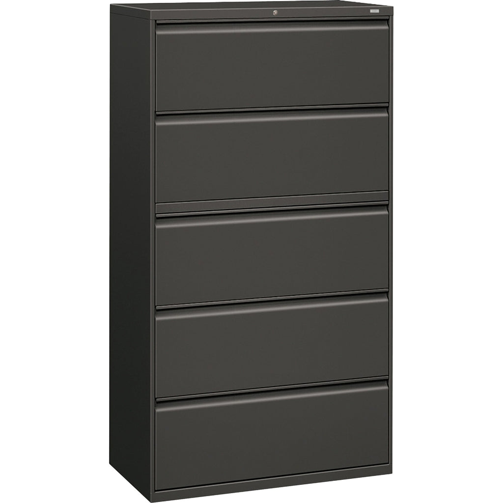 HON Brigade 800 Series 5-Drawer Lateral - 36" x 18" x 64.3" - 2 x Shelf(ves) - 5 x Drawer(s) for File - A4, Legal, Letter - Lateral - Interlocking, Durable, Leveling Glide, Recessed Handle, Ball-bearing Suspension - Charcoal - Baked Enamel - Steel -