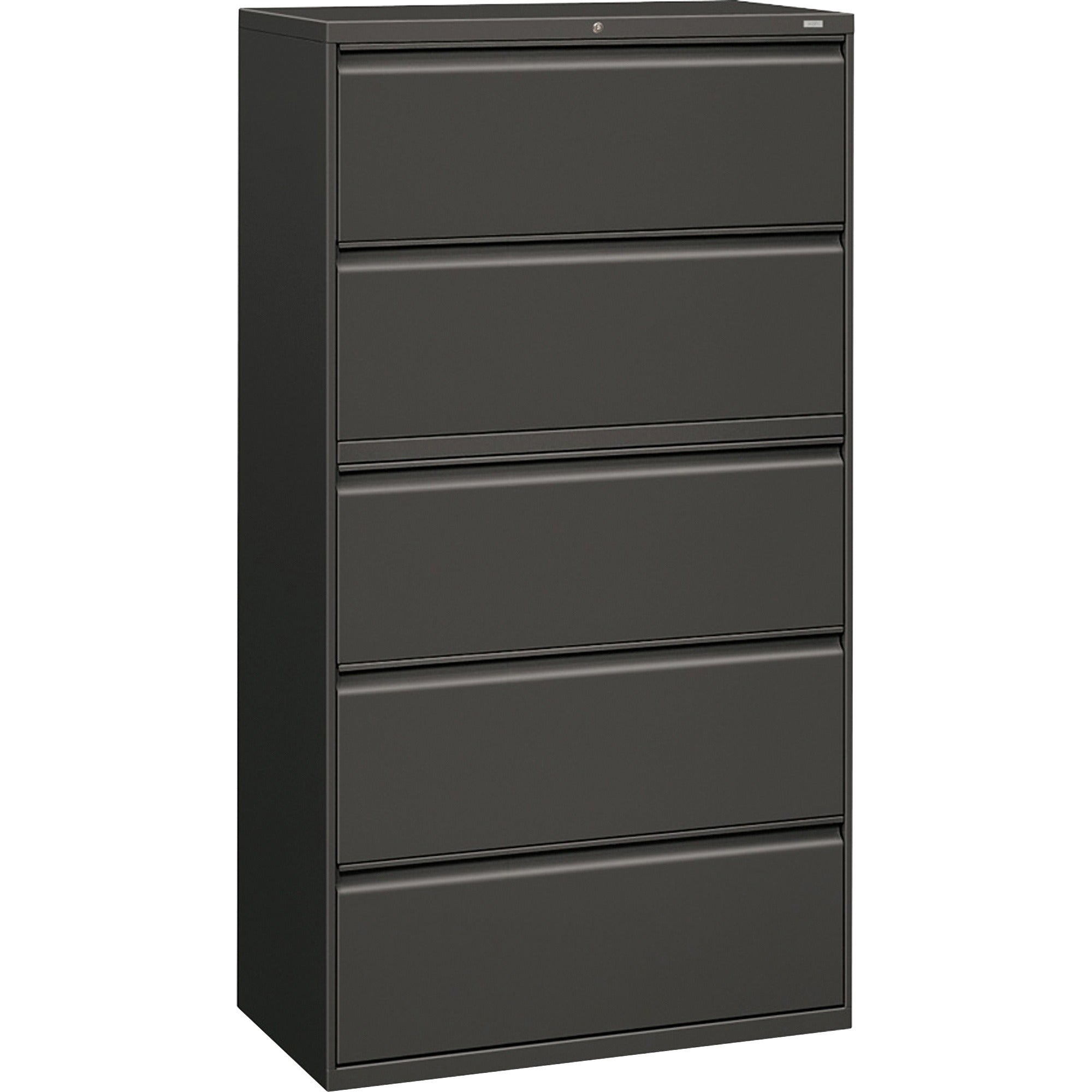 HON Brigade 800 Series 5-Drawer Lateral - 36" x 18" x 64.3" - 2 x Shelf(ves) - 5 x Drawer(s) for File - A4, Legal, Letter - Lateral - Interlocking, Durable, Leveling Glide, Recessed Handle, Ball-bearing Suspension - Charcoal - Baked Enamel - Steel -