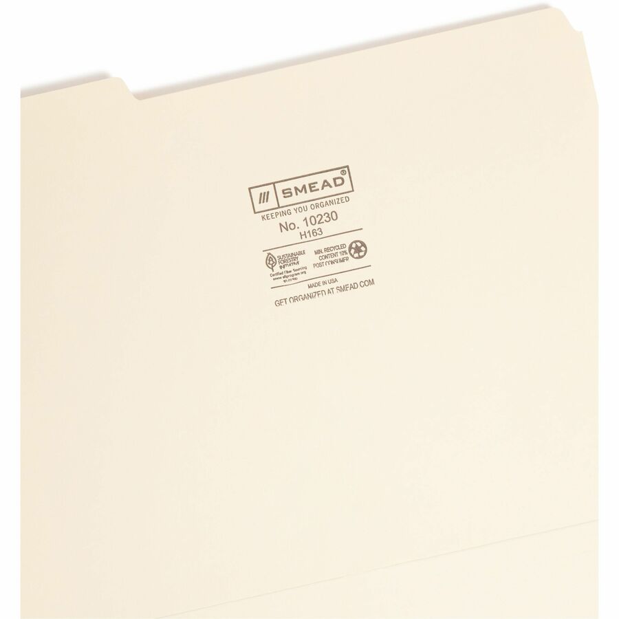 Interior File Folders, 1/3-Cut Tabs: Assorted, Letter Size, 0.75" Expansion, Manila, 100/Box