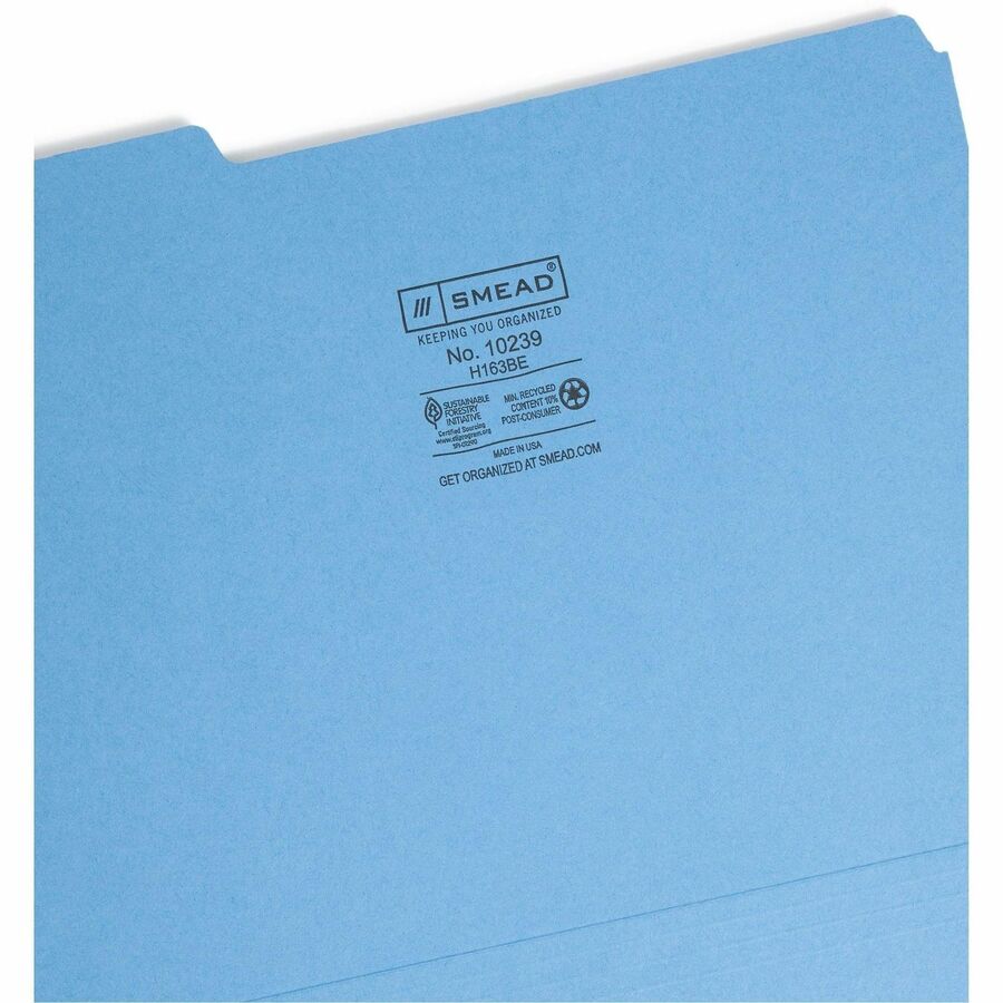 Interior File Folders, 1/3-Cut Tabs: Assorted, Letter Size, 0.75" Expansion, Blue, 100/Box