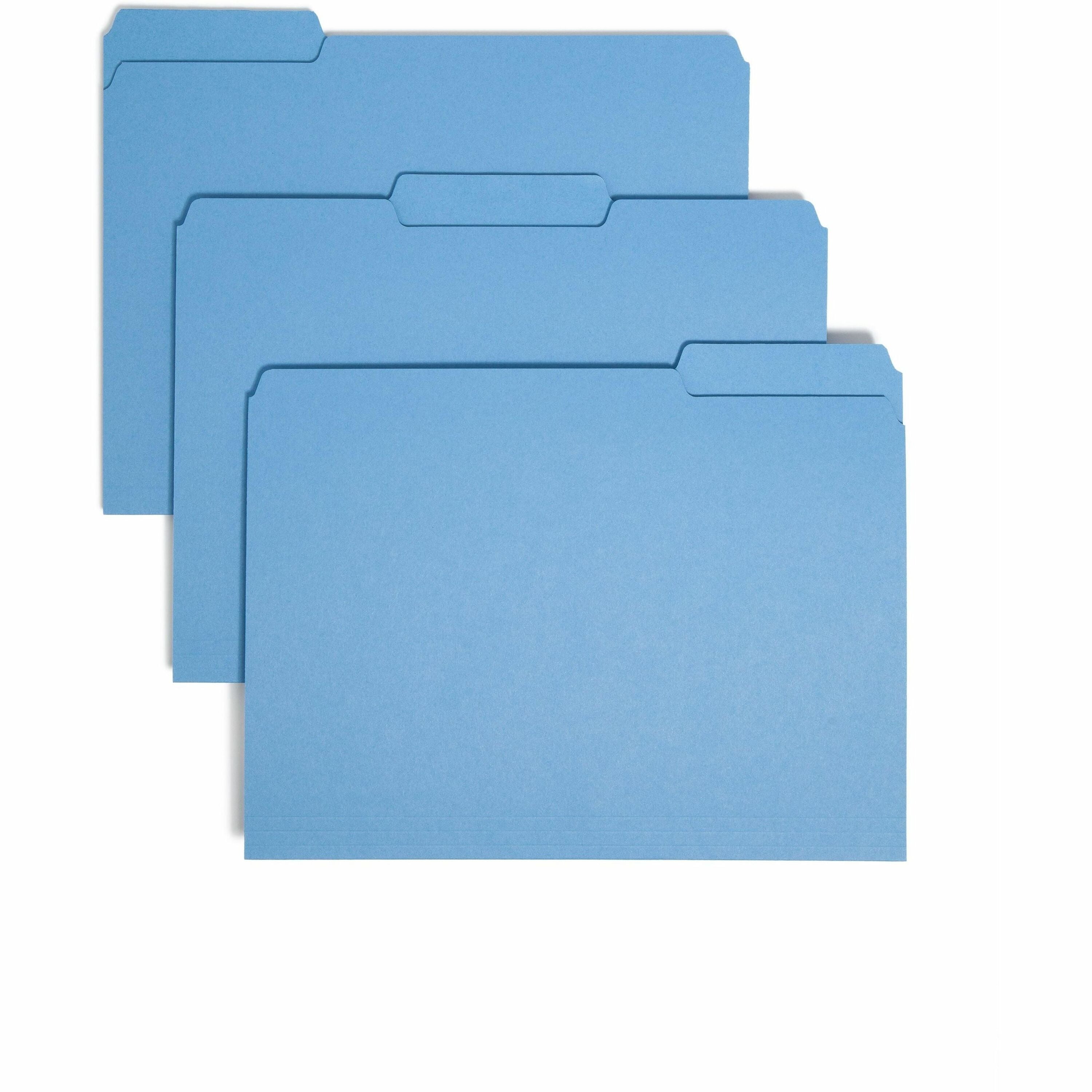 Interior File Folders, 1/3-Cut Tabs: Assorted, Letter Size, 0.75" Expansion, Blue, 100/Box