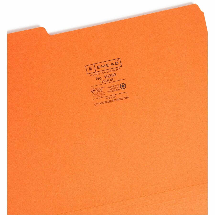 Interior File Folders, 1/3-Cut Tabs: Assorted, Letter Size, 0.75" Expansion, Orange, 100/Box