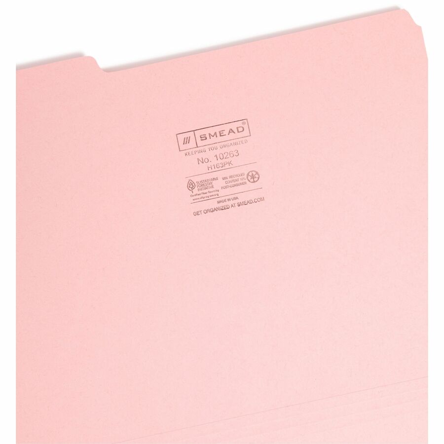 Interior File Folders, 1/3-Cut Tabs: Assorted, Letter Size, 0.75" Expansion, Pink, 100/Box
