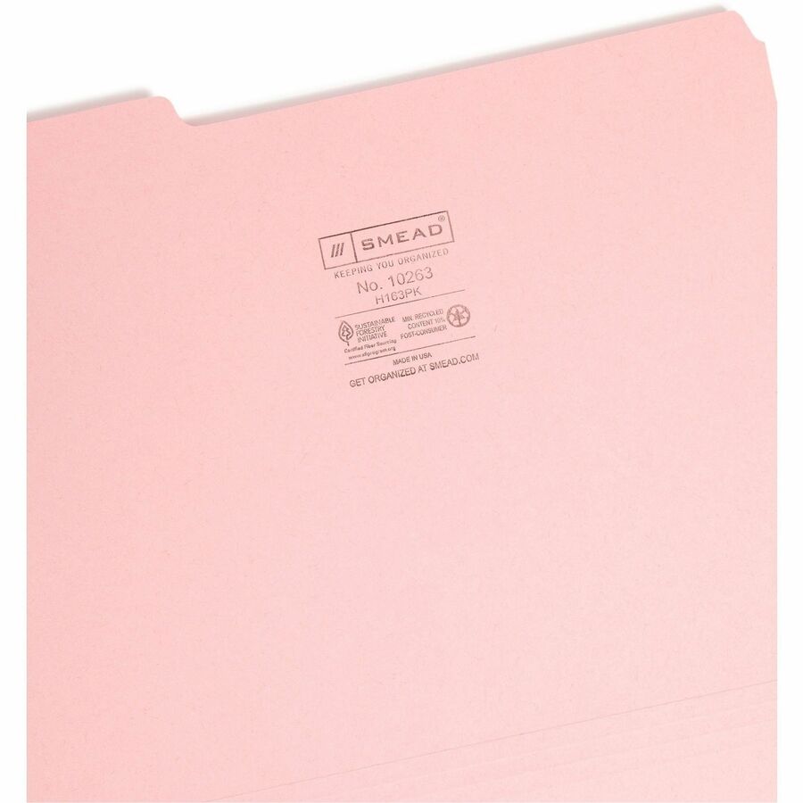 Interior File Folders, 1/3-Cut Tabs: Assorted, Letter Size, 0.75" Expansion, Pink, 100/Box