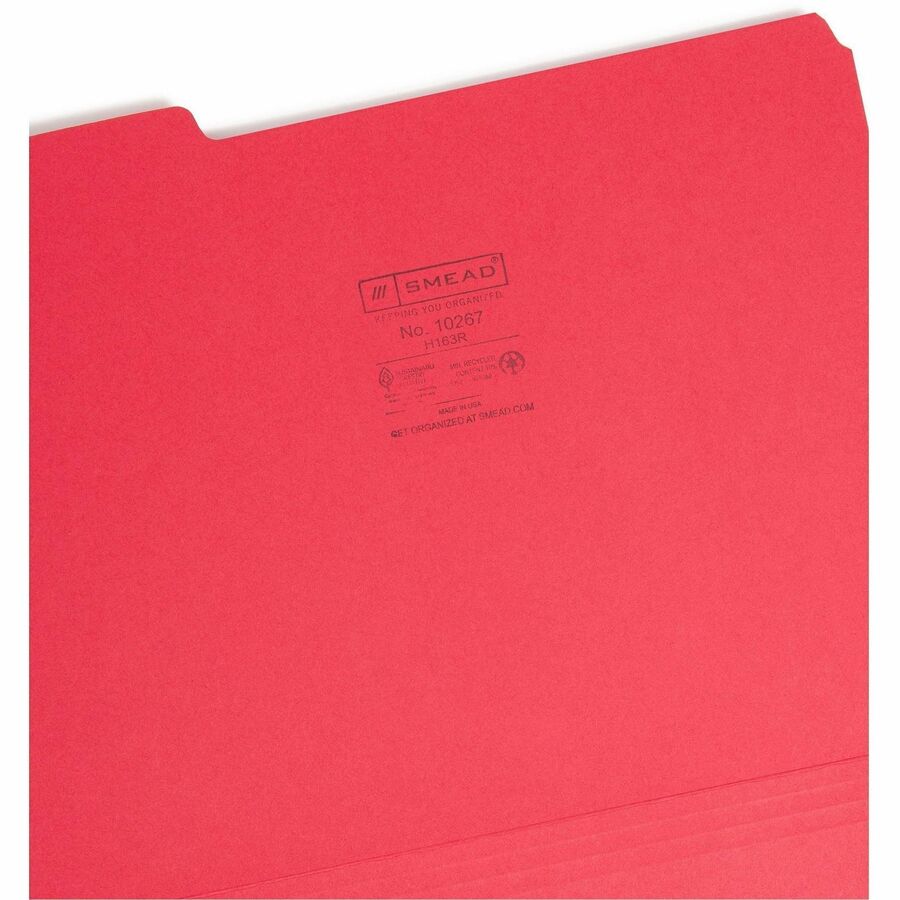 Interior File Folders, 1/3-Cut Tabs: Assorted, Letter Size, 0.75" Expansion, Red, 100/Box