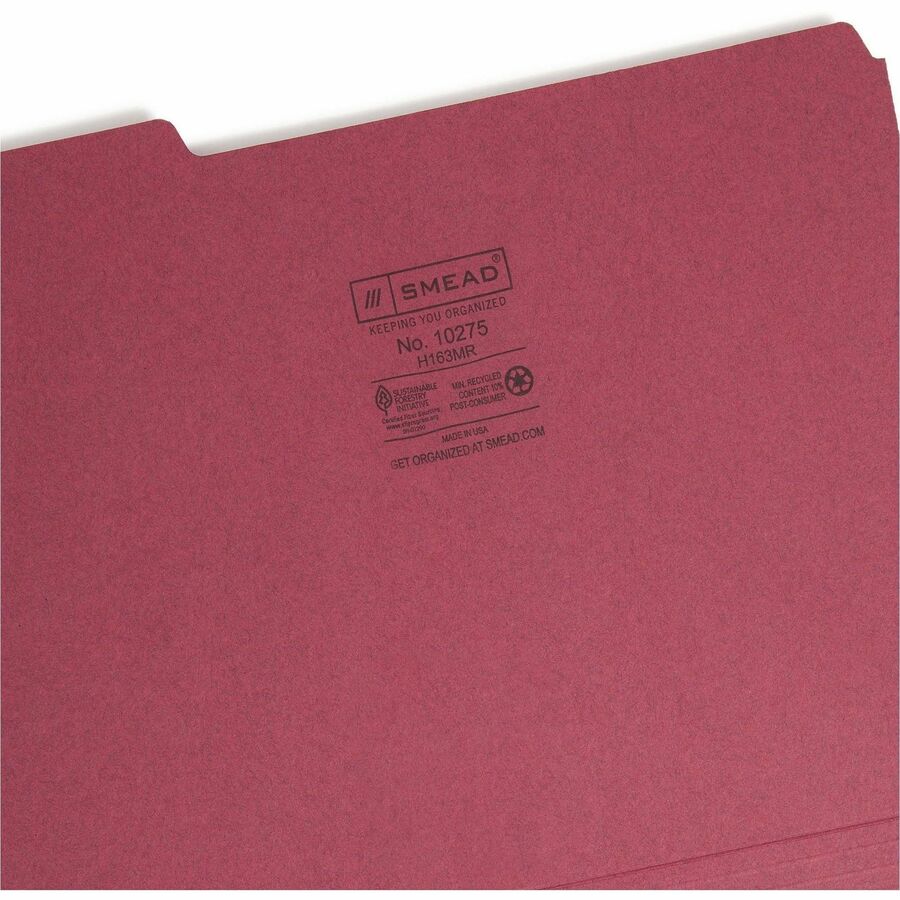 Interior File Folders, 1/3-Cut Tabs: Assorted, Letter Size, 0.75" Expansion, Maroon, 100/Box