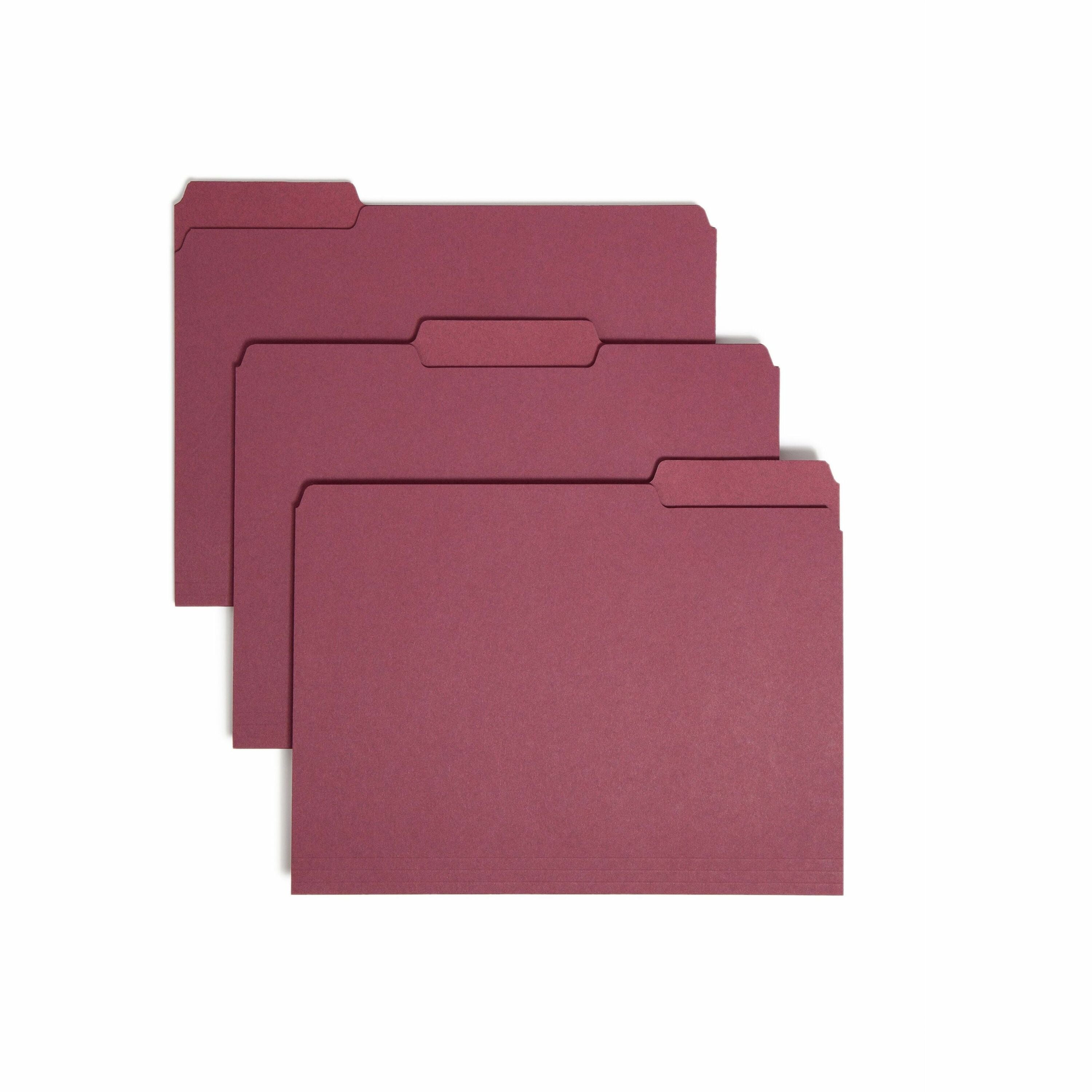 Interior File Folders, 1/3-Cut Tabs: Assorted, Letter Size, 0.75" Expansion, Maroon, 100/Box