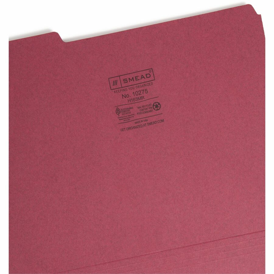 Interior File Folders, 1/3-Cut Tabs: Assorted, Letter Size, 0.75" Expansion, Maroon, 100/Box