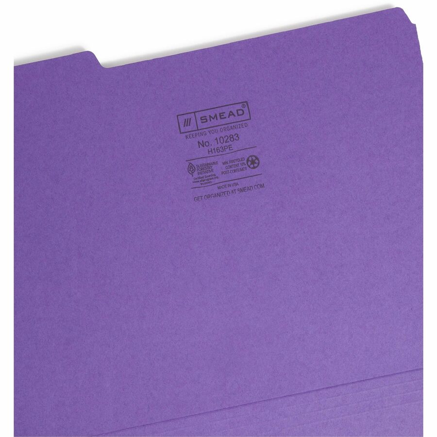 Interior File Folders, 1/3-Cut Tabs: Assorted, Letter Size, 0.75" Expansion, Purple, 100/Box