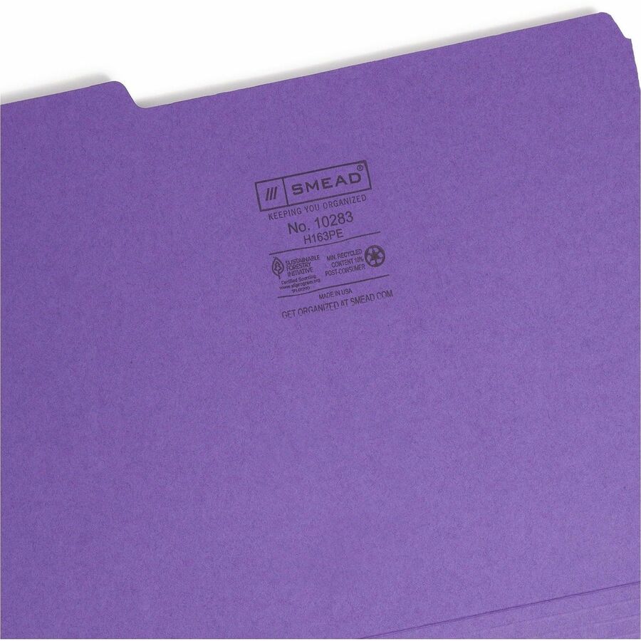Interior File Folders, 1/3-Cut Tabs: Assorted, Letter Size, 0.75" Expansion, Purple, 100/Box