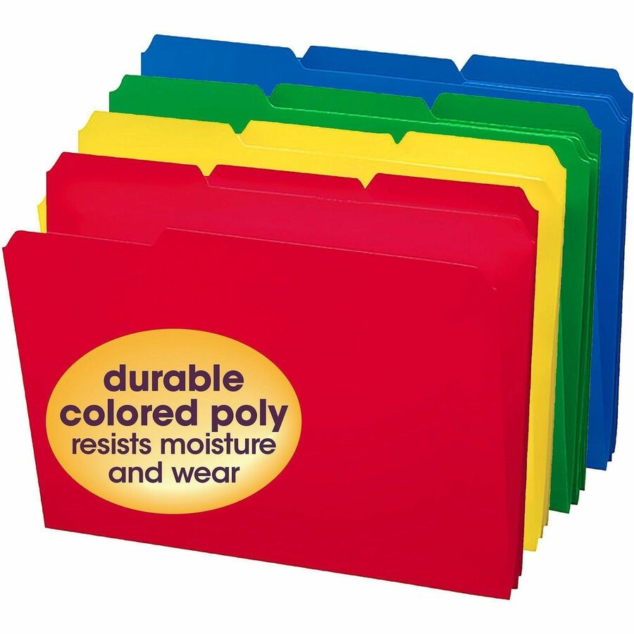 Top Tab Poly Colored File Folders, 1/3-Cut Tabs: Assorted, Letter Size, 0.75" Expansion, Assorted Colors, 24/Box