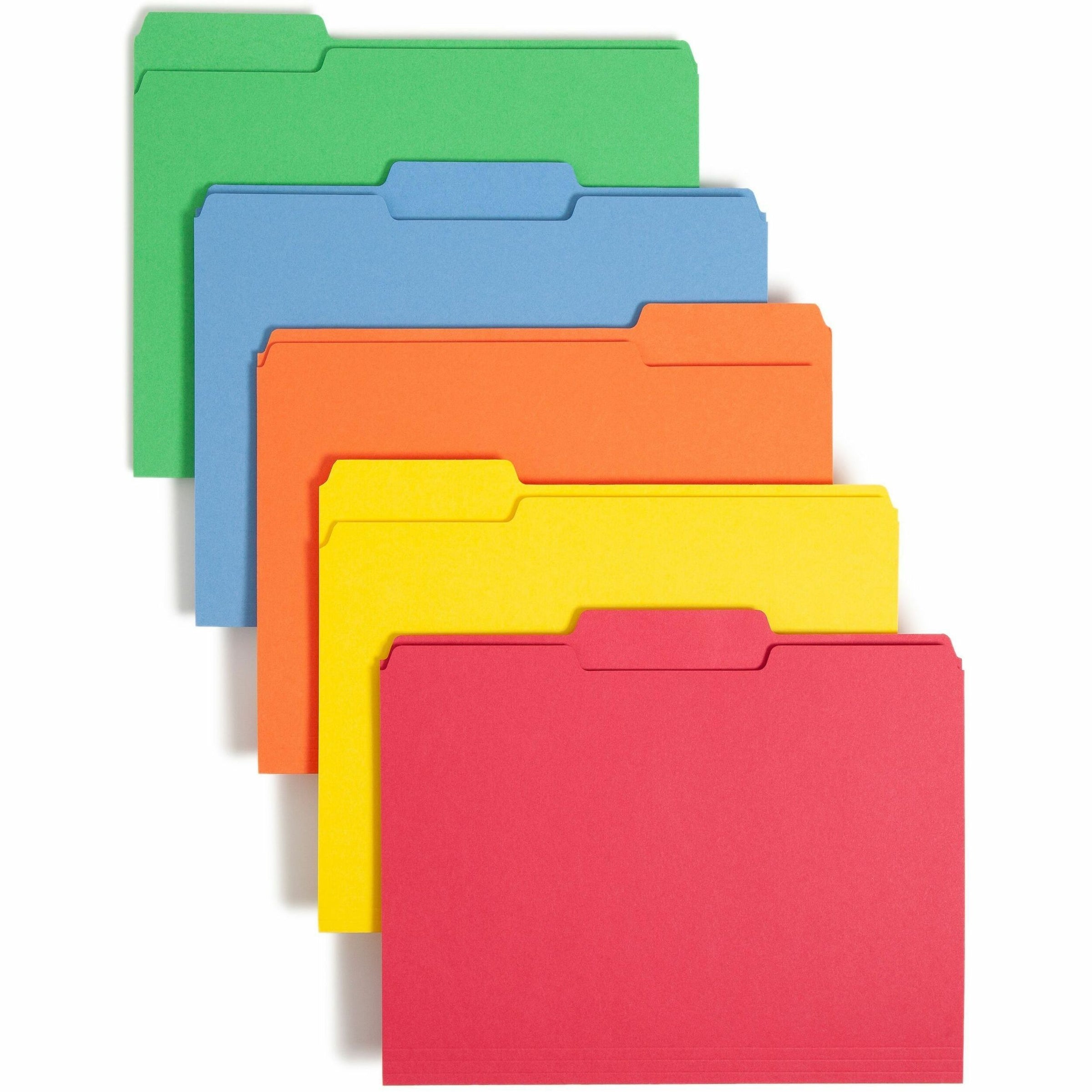 Colored File Folders, 1/3-Cut Tabs: Assorted, Letter Size, 0.75" Expansion, Assorted: Blue/Green/Orange/Red/Yellow, 100/Box