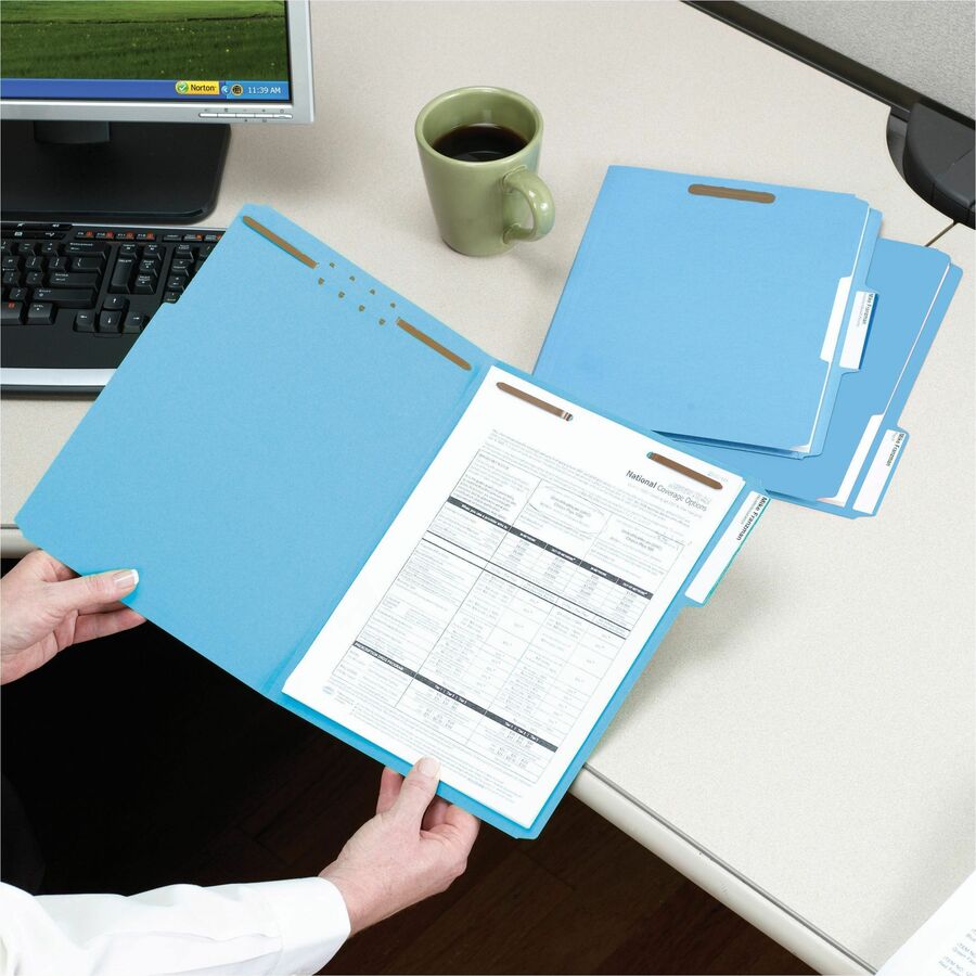 Top Tab Colored Fastener Folders, 0.75" Expansion, 2 Fasteners, Letter Size, Blue Exterior, 50/Box
