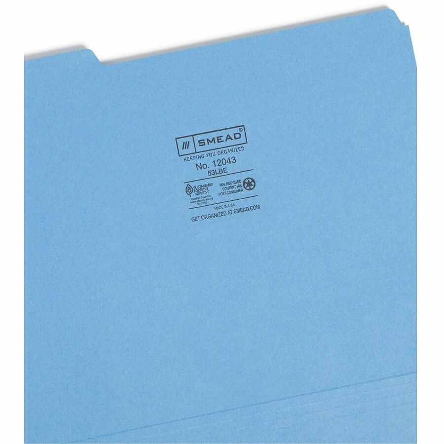 Colored File Folders, 1/3-Cut Tabs: Assorted, Letter Size, 0.75" Expansion, Blue, 100/Box