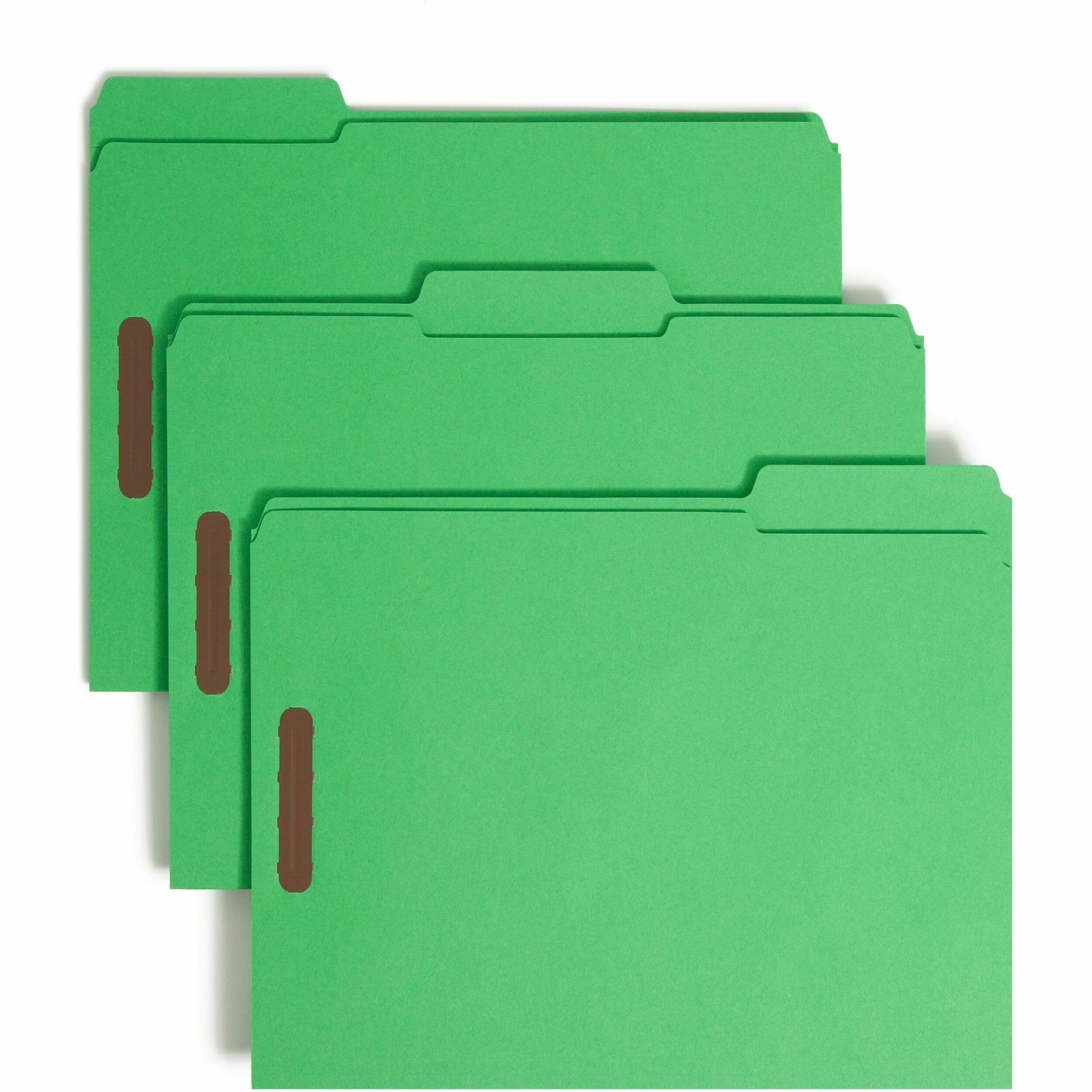 Top Tab Colored Fastener Folders, 0.75" Expansion, 2 Fasteners, Letter Size, Green Exterior, 50/Box