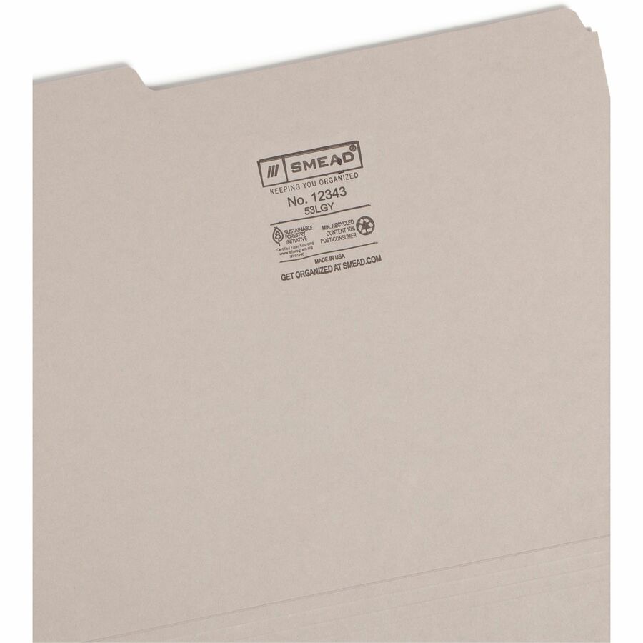 Colored File Folders, 1/3-Cut Tabs: Assorted, Letter Size, 0.75" Expansion, Gray, 100/Box