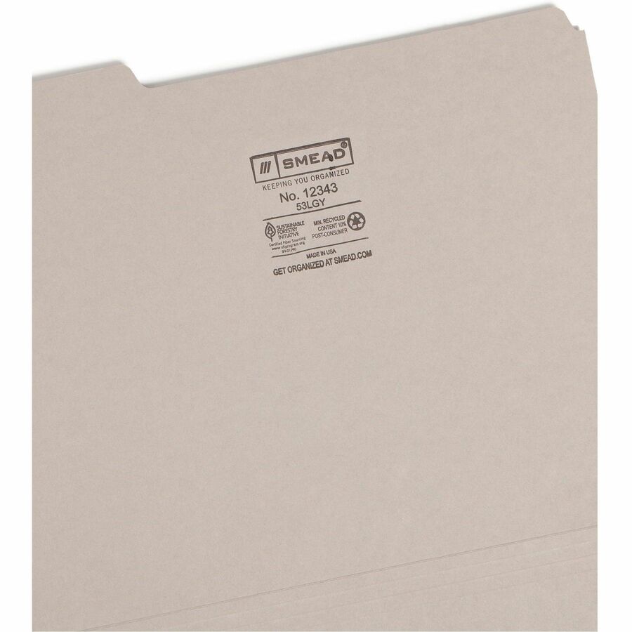 Colored File Folders, 1/3-Cut Tabs: Assorted, Letter Size, 0.75" Expansion, Gray, 100/Box